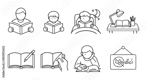 Illustrated icons of people reading and studying in various environments