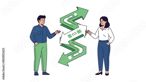 business people discussing growth strategies with interconnected arrows symbolizing progress and