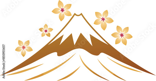 Stylized japanese mountain with blooming golden flowers on white