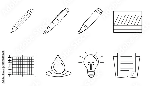 Icon set with pens, highlighter, ruler, notebook, water drop, lightbulb, document papers