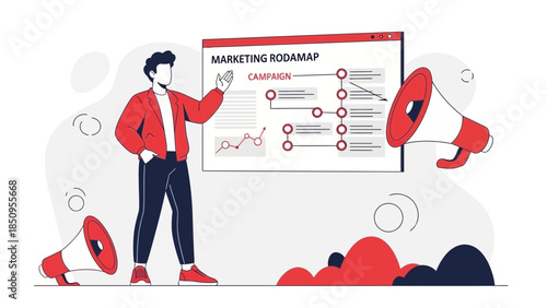 Businessman presenting marketing roadmap with megaphones and digital graph visuals in a modern