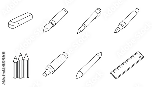 Assorted drawing tools on dark background: pencils, pens, marker, ruler, and eraser