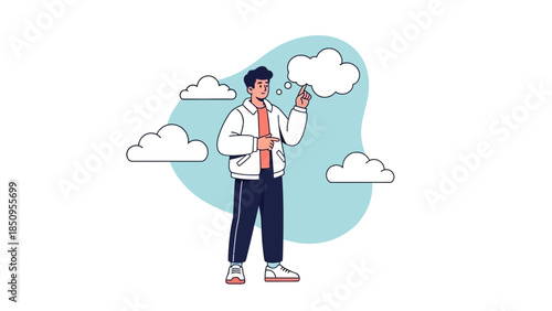 young man reaching out to clouds in a minimalistic modern illustration emphasizing dreams and
