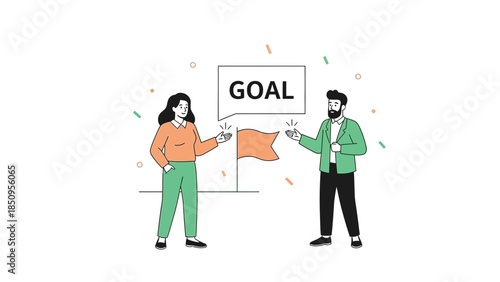Teamwork Illustration of Two People Celebrating Achieving a Goal with Banner and Confetti