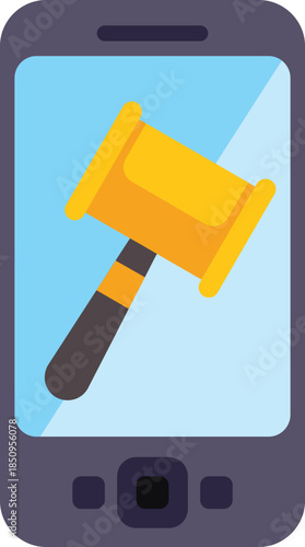 Smartphone displaying a judge's gavel, symbolizing online auctions, legal services, or mobile law applications