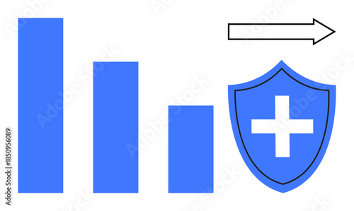 Healthcare, data protection, technology, progress, medical analytics, cybersecurity. A bar chart, shield with a cross and an arrow are . Healthcare and data protection concept