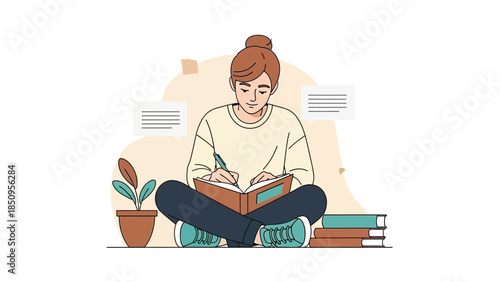 Young woman sitting cross-legged reading a book in a cozy indoor setting with plants and stacks of