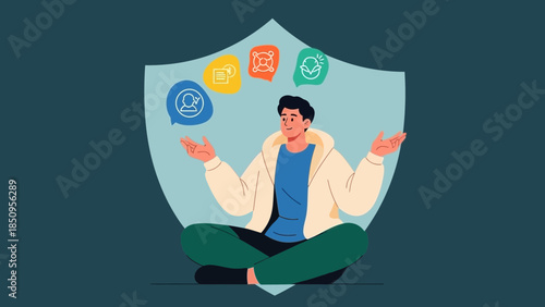 Digital Security and Privacy Concepts Represented by a Person and Security Icons on Shield