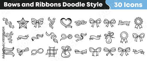 Collection of thirty hand drawn doodle style bows ribbons banners badges and decorative elements on transparent background