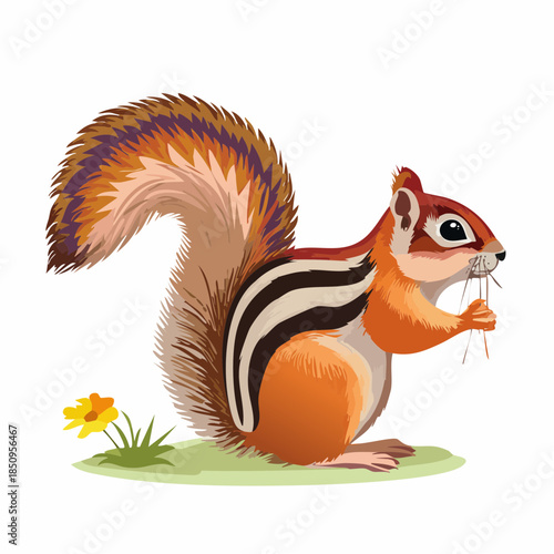 Cartoon chipmunk illustration with grass and flower on white background