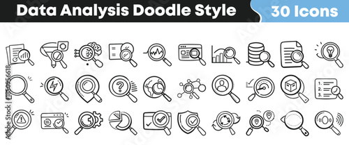Collection of thirty hand drawn doodle style icons representing various concepts related to data analysis search and investigation on transparent background