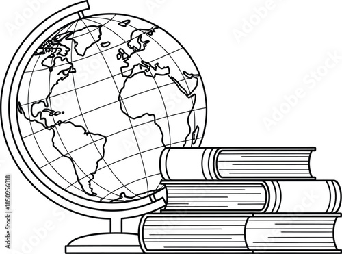 Outline drawing of a globe and stacked books symbolizing world geography education knowledge learning study