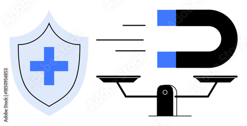 Healthcare protection, balance in decision-making, attraction, physics, medical safety, healthcare innovation. A shield with a medical cross, a magnet in motion and a balance scale. Healthcare