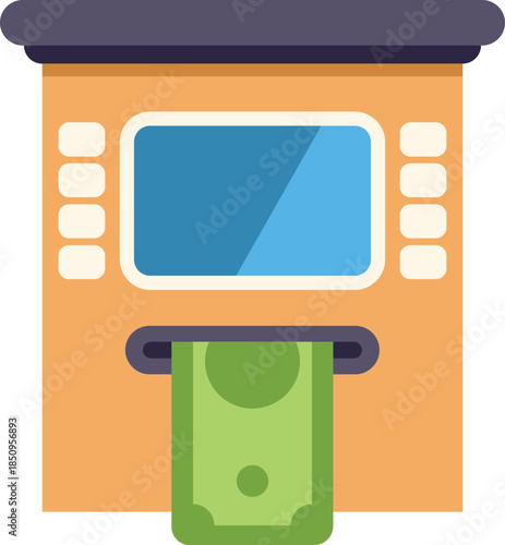 Atm machine dispensing a cash money banknote, illustrating a financial transaction or withdrawal