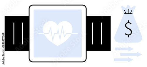 Smartwatch showing heart rate next to a money bag icon with arrows symbolizing financial transactions. Ideal for health tech, digital payments, wearable innovations, fintech, remote monitoring