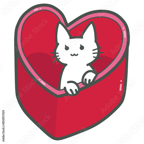 ハート型チョコレートボックスから顔を出す猫のバレンタインイラスト