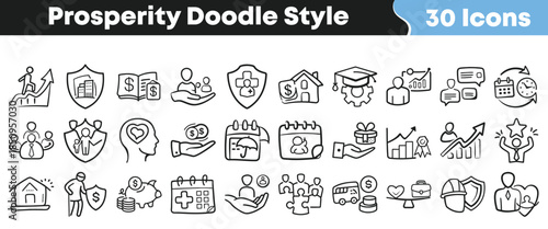 Collection of thirty hand drawn doodle style icons representing financial planning security and personal prosperity growth on transparent background