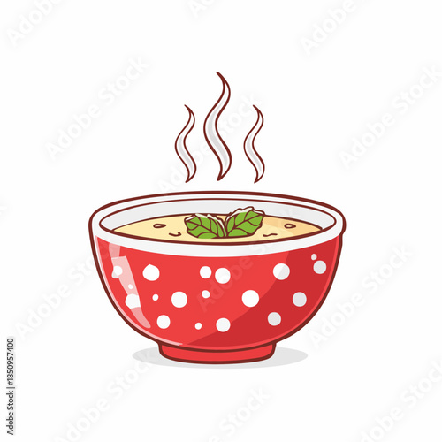 Cartoon illustration of a bowl of hot soup with steam and fresh herbs