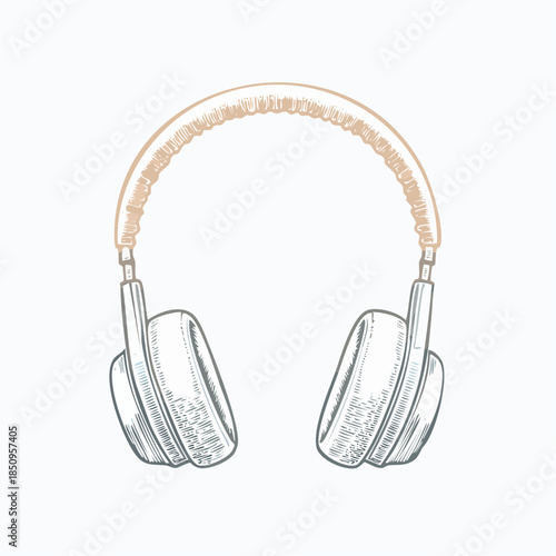 Headphones illustration in etched style isolated on white background