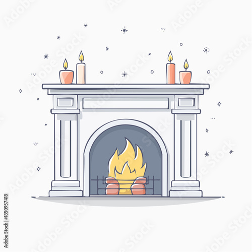 Illustrated fireplace with burning fire and candles warm festive interior design