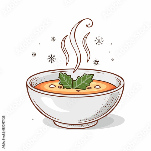 Cartoon illustration of a bowl of hot soup with steam and garnish