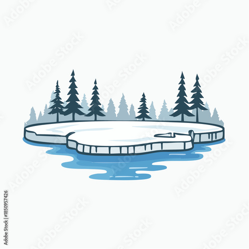 Ice floe with evergreen trees a cartoon style illustration on white background