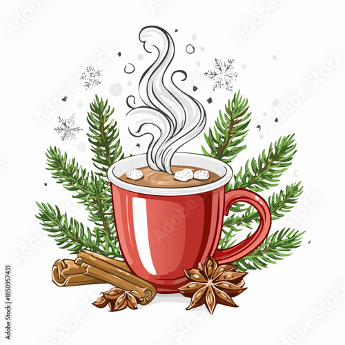 Warm beverage in red mug with steam surrounded by fir branches and spices