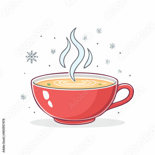 Steaming red mug of hot soup with snowflakes on white background illustration