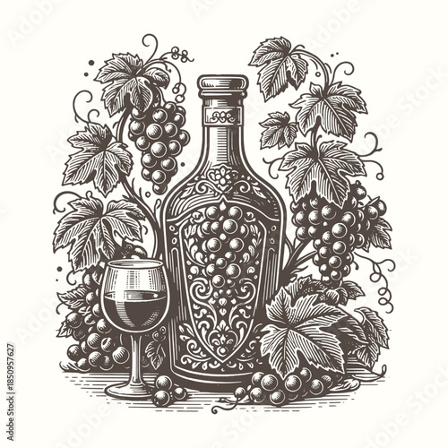 Ornamental wine bottle and grapes illustration in elegant vintage engraving style, classic winery decoration black and white vector artwork