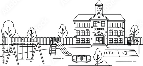 School building exterior with playground black and white outline drawing featuring swings slide and merry-go-round