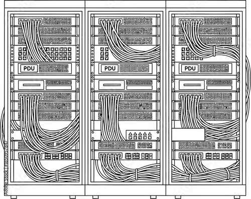 Server rack back view with detailed cable management and power distribution units illustration