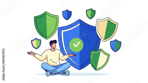illustration of a person meditating with multiple shields symbolizing protection and security in