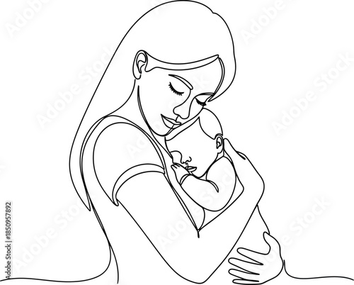 Continuous line art drawing of mother embracing sleeping newborn baby, minimalist family love portrait