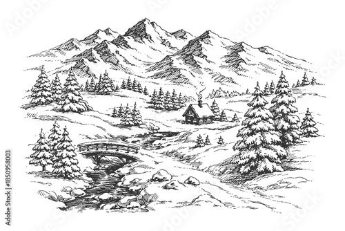 Hand Drawn Winter Mountain Pine Forest Landscape Vector Illustration in Vintage Engraving Style, Black and White Nature Scenery Artwork