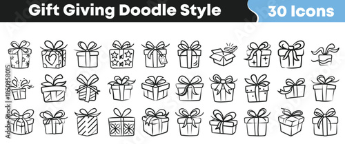 Collection of thirty unique hand drawn doodle style gift box icons perfect for holiday celebrations and surprises on transparent background