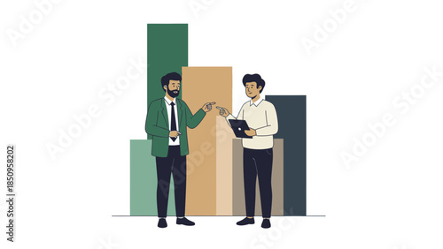 Business professionals exchanging ideas and analyzing data in a modern office environment