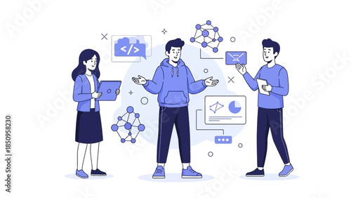 collaborative tech team discussing data analysis and software development in a modern digital