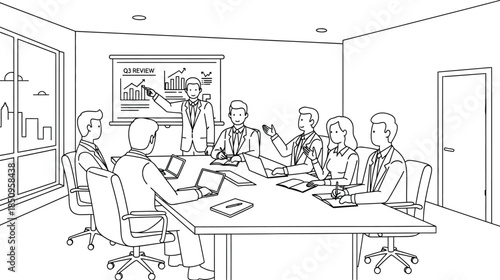 Q3 review meeting presentation with business team collaborating around a conference table sketch