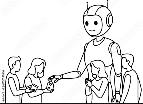 Robot assisting people with service, giving products, automation in customer care, digital interaction, future help