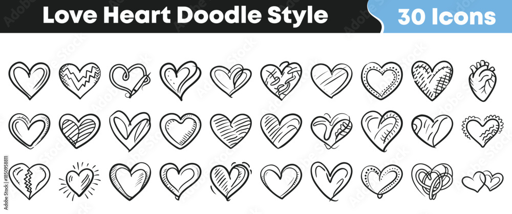 Fototapeta premium Collection of thirty unique hand drawn doodle style love heart icons representing romance and affection on transparent background on transparent background