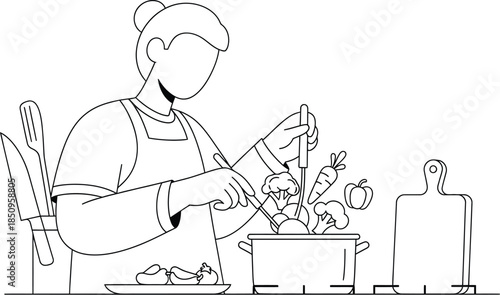 Person cooking vegetables in pot, healthy meal preparation, line art illustration of culinary activity