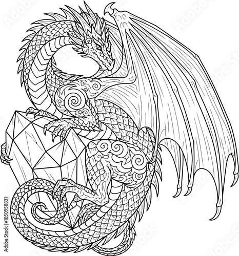 Intricate line art drawing of a winged dragon coiled around a large geometric crystal or gemstone
