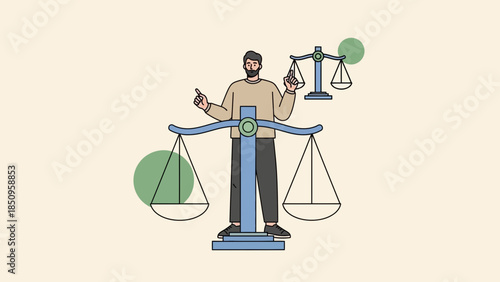 Illustration of a man balancing on a scale representing justice and fairness in law