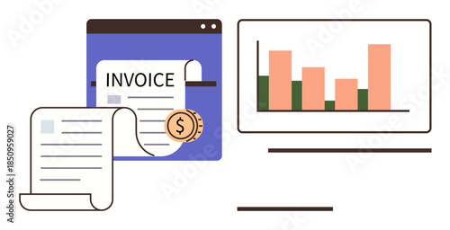 Invoice document alongside bar chart on screen, representing financial management, business analysis, expense tracking, revenue growth, accounting, budgeting, and reporting in a simple flat metaphor