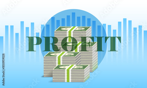 Vector economic banner. Profit. 3d stacks of paper money. Piles of dollars. Finance and wealth