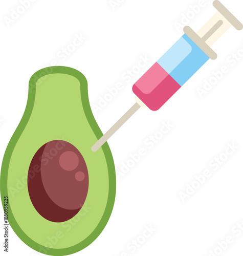 Syringe injecting red liquid into an avocado representing gmo food and genetic engineering of fruits and vegetables