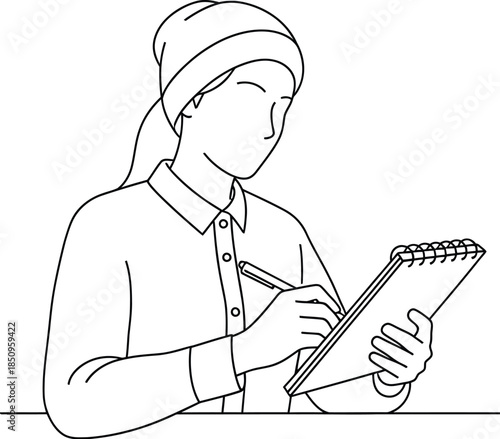 Woman taking notes on spiral notepad, minimalist line art illustration for recording data, planning, or studying concepts