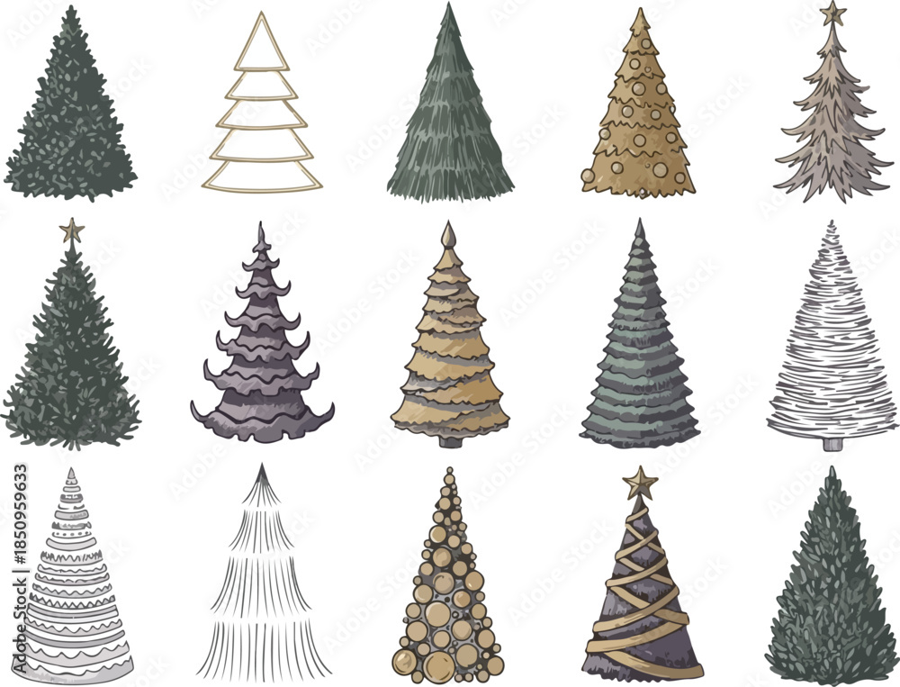 Obraz premium Modern Abstract Christmas Tree Sketches – Hand Drawn Minimalist Pine Tree Set