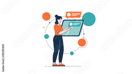Illustration of a woman engaging with a large digital tablet surrounded by abstract data icons