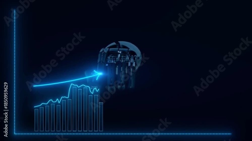 Artificial intelligence driven business growth analytics with futuristic robot hand showing rising data chart, financial success, technology innovation, digital transformation concept